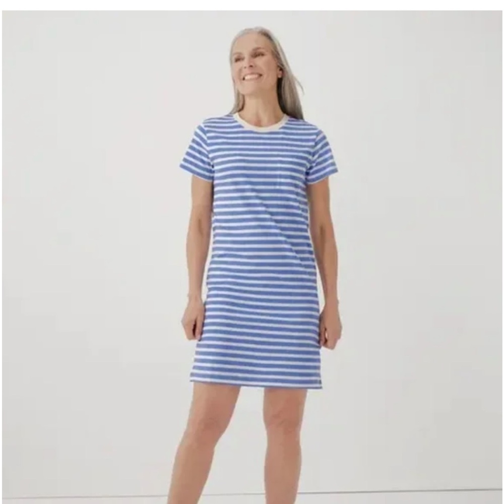 Pact Organic Cotton Softspun Tee Shirt Dress Mini Blue Stripe Coastal Comfy Sz S